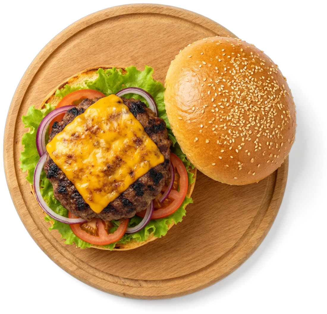 Burger daging Al Harris dengan keju, salad dan tomato