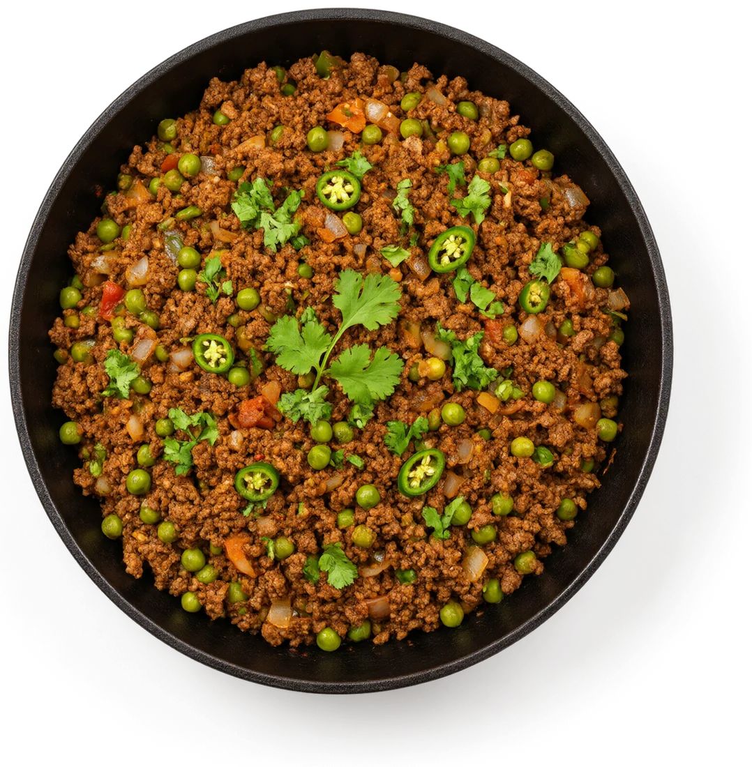 Daging kisar Al Harris dimasak keema dengan kacang pea