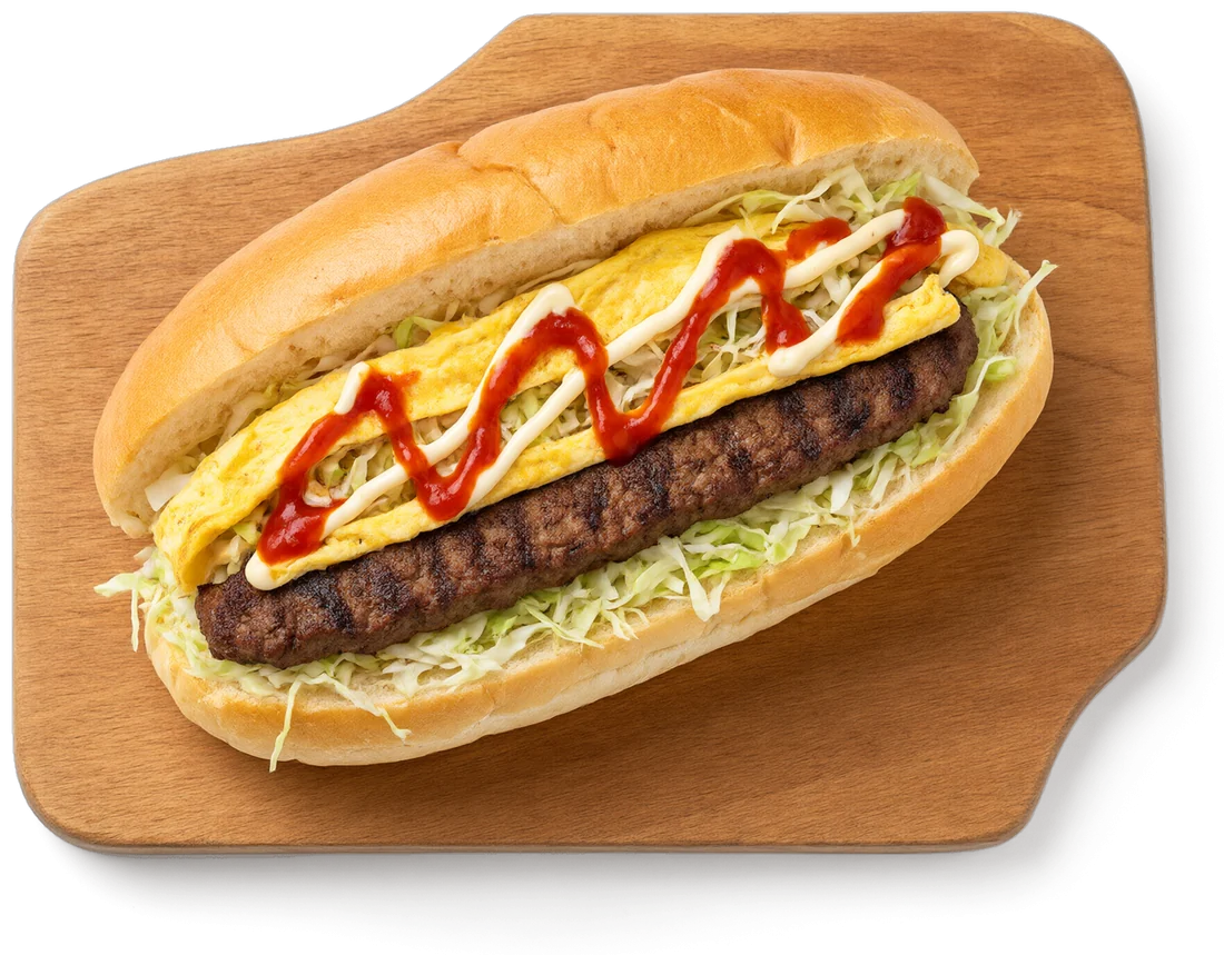Burger oblong Al Harris dengan telur, kubis dan sos
